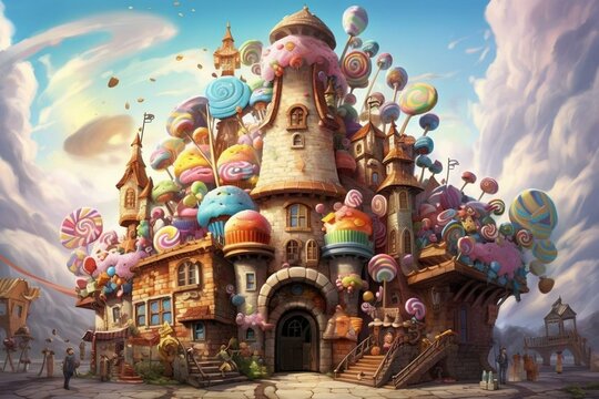Imaginative artwork of a delightful chocolate factory surrounded by heavenly candy, sweet treats, and delicious syrup. Generative AI
