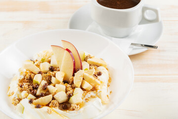Yogurt, fruits and flakes with honey. Healthy Βreakfast concept.