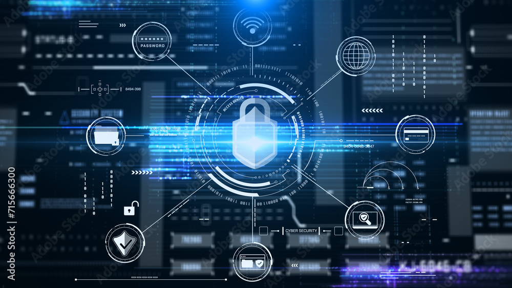 Poster Technology data protection cyber security on digital data background. HUD circular with padlock privacy secure concept illustration.