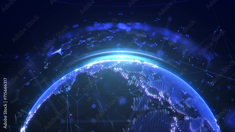 Poster Abstract digital realistic of 3d rendering earth with data low poly number, flare ring, futuristic line illustration background. Concept of global business and technology.