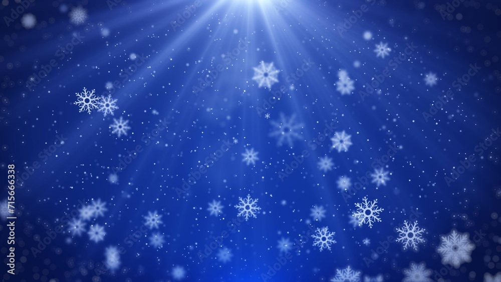 Poster snowflakes particle falling on blue background with lens flares. abstract white blurred bokeh, glitt