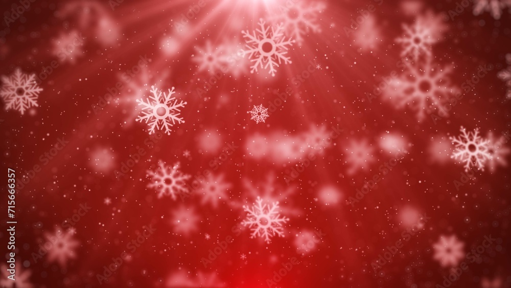 Aufkleber snowflakes particle falling on red background with lens flares. abstract white blurred bokeh, glitte