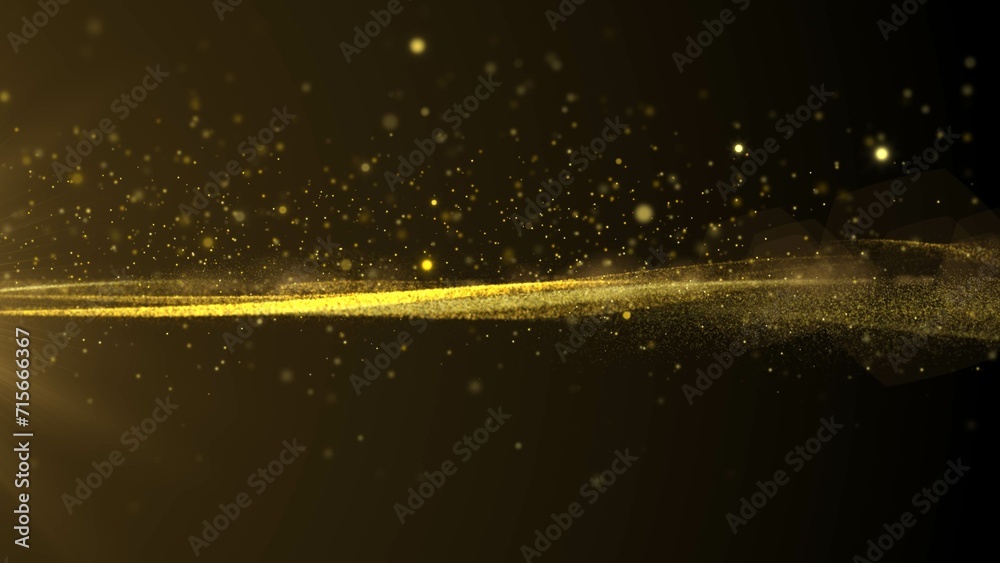 Aufkleber Abstract golden horizontal wave flowing with bokeh for new year festival illustration. Glittering gold particle background greeting merry Christmas footage with lens flare shinning light.
