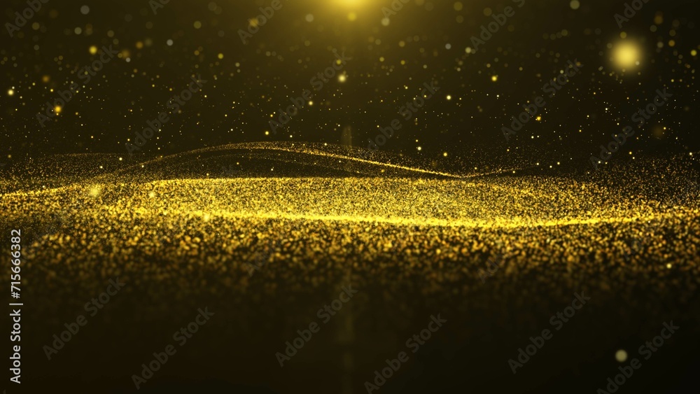 Aufkleber Glittering gold horizontal wave particle flowing dynamic with blinking bokeh illustration background.