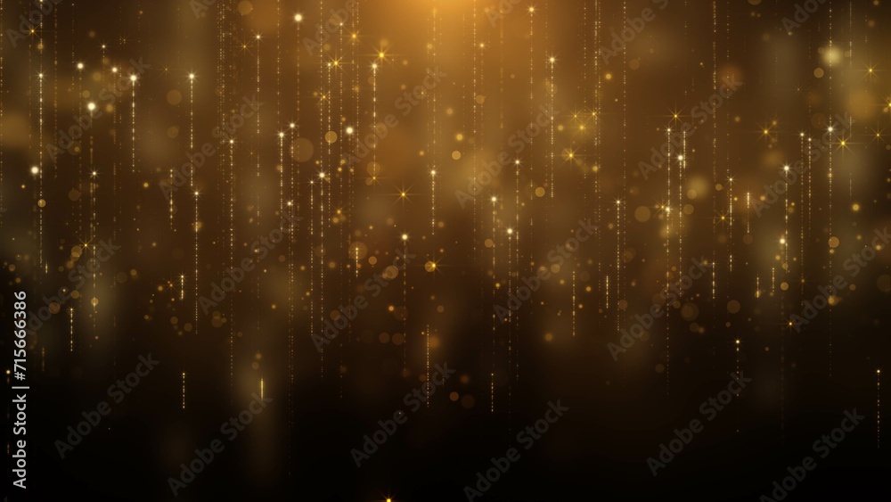 Poster Glittering gold particle background greeting merry Christmas footage with lens flare shinning light. Abstract straight line with bokeh new year festival illustration.