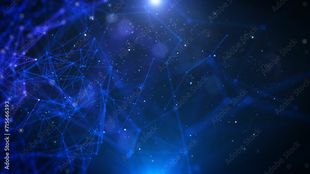 Poster Abstract technology of low poly triangle shape with dots and lines network dynamic on blue cyber space illustration background.