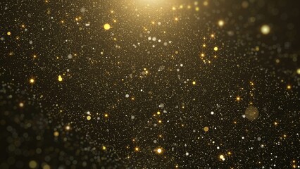 Golden glittering sparkle, flickering particle fly through concept. Glamour gold lens flare, bokeh dynamic flowing in the air, space for new year, Christmas Illustration Background.