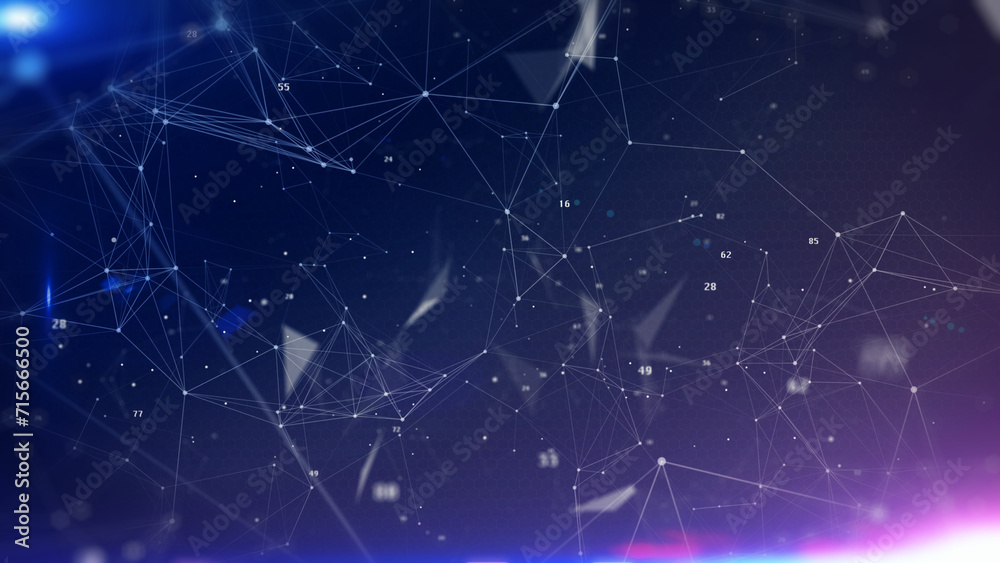 Fototapete Technology digital line corner structure cyber data network connection concept. Abstract geometric, triangle shape moving with number particle floating in blue background illustration.