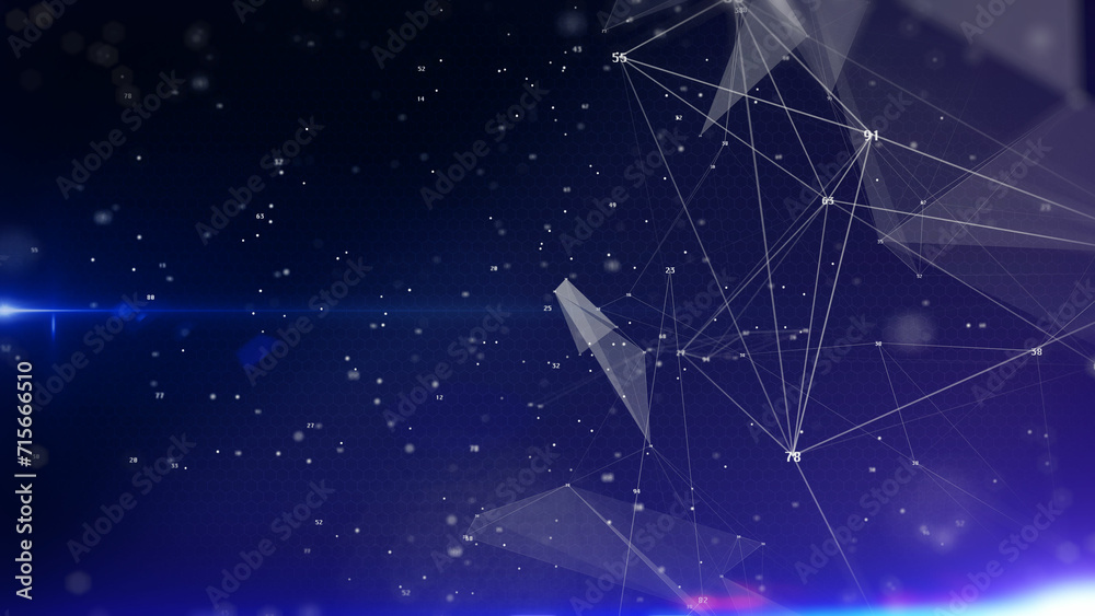 Fototapete Technology digital line corner structure cyber data network connection concept. Abstract geometric, triangle shape moving with number particle floating in blue background illustration.