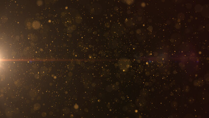 Gold defocus bokeh particle horizontal flowing from left to right scene concept. Debris floating illustration background.