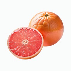 Fresh Whole and Halved Grapefruit, Vibrant Orange Skin, Juicy Red Flesh, Isolated on White Background