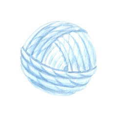 Watercolor tangle of blue threads, wool knitting yarn. Template illustration knitting crochet hook and needles. Isolated hand drawn illustration for cards, knitter blog, needlework store, embroidery