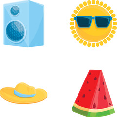 Summer rest icons set cartoon vector. Sun, hat, watermelon slice and speaker. Summer holiday symbol