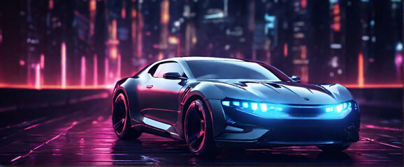 Naklejka premium a futuristic, cyberpunk-inspired cityscape at night, with neon lights and holographic advertisements glowing brightly. Use a wide-angle lens and a cool color palette to evoke a sense of mystery