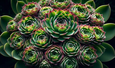 a cluster of houseleek plants, showcasing their rosette pattern with green and red tips background - obrazy, fototapety, plakaty