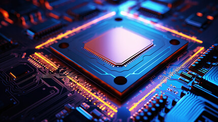 Fototapeta na wymiar Concept CPU. Close-up of modern computer micro chip in neon light. Generative AI
