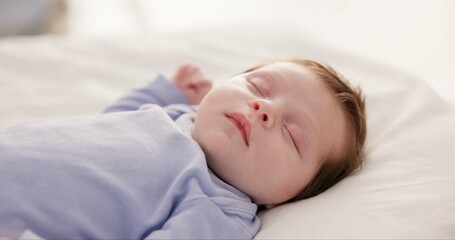 Relax, growth and sleep with a baby in a bedroom closeup in a home, dreaming during a nap for child...