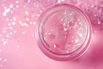 Shimmering transparent cosmetic gel in a clear jar set against a pink background, ideal for beauty, skincare, and makeup promotions or as a vibrant backdrop.