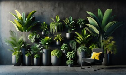 a modern indoor garden against a dark textured wall background