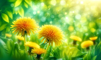a pair of yellow dandelion flowers in full bloom background