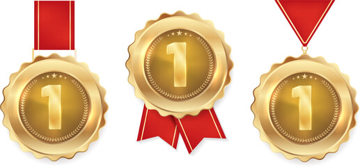 Set of three golden metal medals with red ribbon