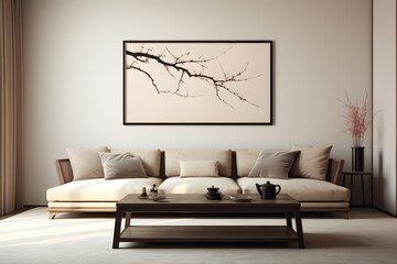 wooden coffee table near a gray sofa, pillows, and rustic cabinets against a white wall with a horizontal poster frame, Japanese home interior design of modern living room