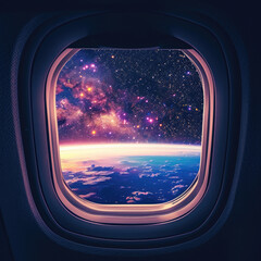 Into space looking through plane window into infinity universe. retro style. wide angle