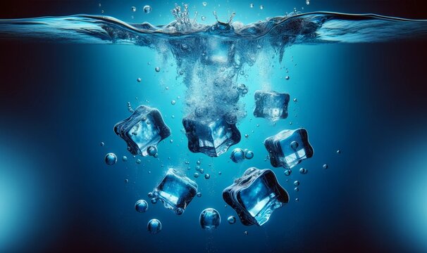 depicting several ice cubes falling into deep blue water background