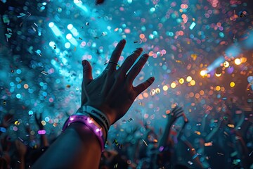 Raised hands with multicolored light wristbands, illuminated by beams of white and blue light. Confetti floats around them, with a bokeh effect background.
