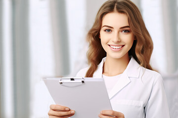 Portrait of a smiling woman doctor with a folder. female doctor with clipboard
