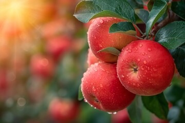 Obraz premium Crispy red apple on a tree limb on a bright autumn day