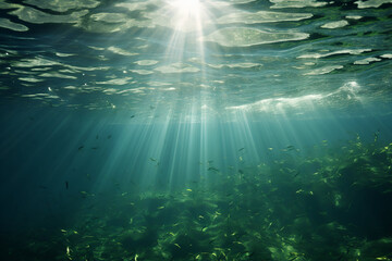 Fototapeta premium Underwater view of the coral reef with fish and rays of light