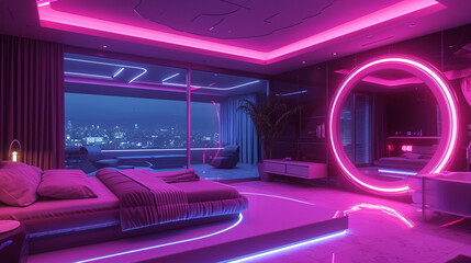 purple color neon lights installed in a room with mirror and a bed