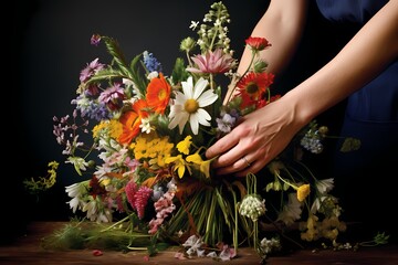 A pair of hands carefully arranging a bouquet of freshly picked wildflowers.