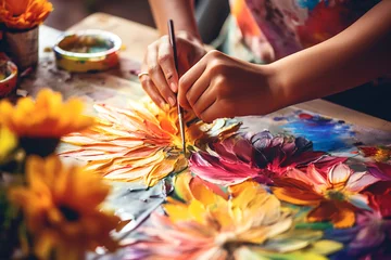 Fotobehang Close-up of female artist painting flowers with watercolors on canvas © gographic