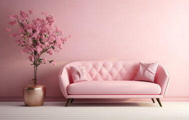Fototapeta na wymiar modern living room with sofa, 3d rendering, elegant pink sofa, and pillow, potted houseplant against the pink wall, interior design of a modern living room