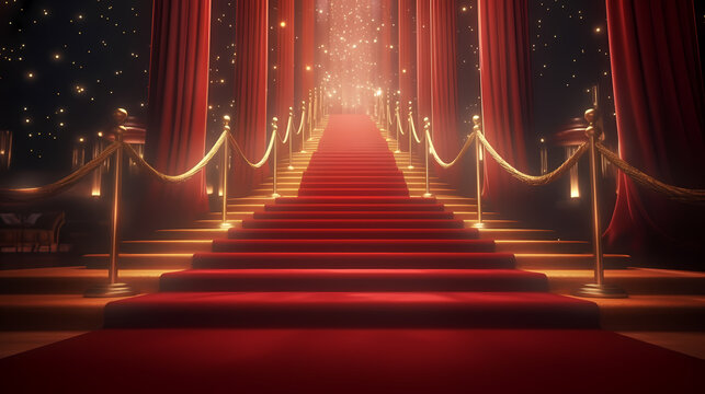 Red carpet on the stairs on dark background, the way to glory, victory and success