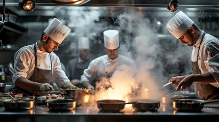 a group of chefs in a kitchen preparing food on a stove top oven with steam coming out of the top - obrazy, fototapety, plakaty