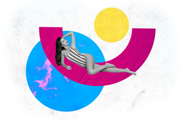 Artwork magazine collage picture of adorable seductive lady enjoying resort vacation folded isolated drawing background