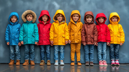 Kid's fashion. Winter clothes. Group of happy joyful children posing together in colorful winter  jackets. 