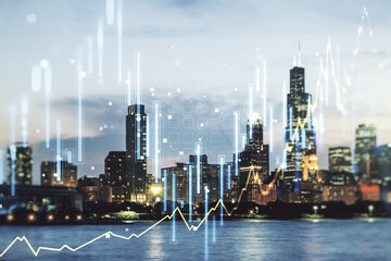 Double exposure of abstract creative financial chart hologram on Chicago skyscrapers background, research and strategy concept