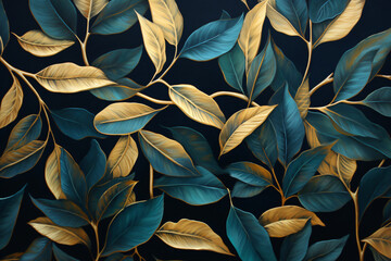 gold leaves on dark blue background with gold leaf stamp, in the style of photosurrealist photorealism, dark emerald and light azure, photorealistic detail, pictorial fabrics
