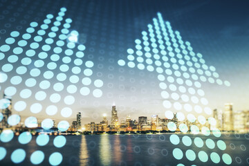 Abstract virtual upward arrows sketch on Chicago office buildings background, target and goal concept. Multiexposure