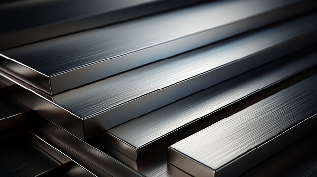 many metal sills of stock. Steel or aluminum sheets in warehouse, rolled metal product.