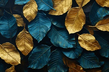 Poster gold leaves on dark blue background with gold leaf stamp, in the style of photosurrealist photorealism, dark emerald and light azure, photorealistic detail, pictorial fabrics © Possibility Pages