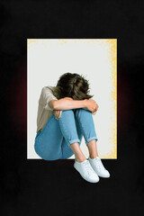 Photo image collage of unhappy sad girl crying about divorce broken relationship isolated on dark...