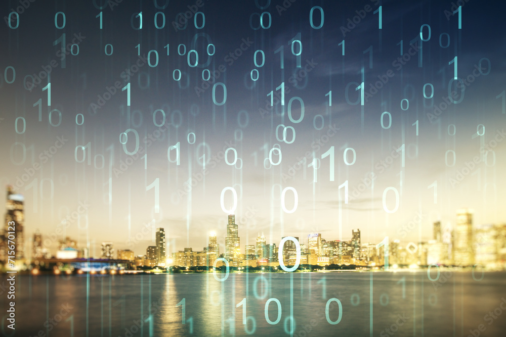 Aufkleber abstract virtual binary code hologram on chicago cityscape background, ai and machine learning conce