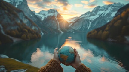 view from the top of the mountain, a woman holding a small globe in her hands in front of mountains and a lake in the background with the sun shining on the mountains - obrazy, fototapety, plakaty