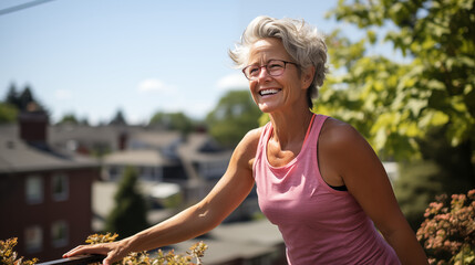 Fitness, nature and senior woman stretching before an outdoor run or cardio workout with bokeh. Happy, smile and portrait of elderly lady doing warm up exercise before training for a race or marathon