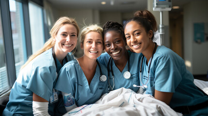 Women doctors smiling together in the hospital - obrazy, fototapety, plakaty